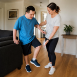 physiotherapist working with NDIS participant with balance exercise