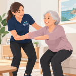 Physiotherapist helping an older adult practise standing exercises during a home visit