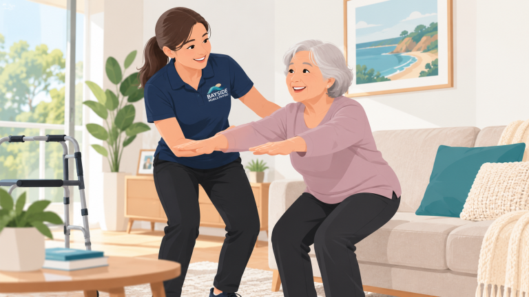 Physiotherapist helping an older adult practise standing exercises during a home visit
