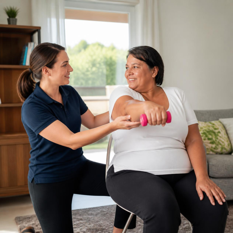 Physiotherapist assisting an NDIS participant with mobility exercises at home in Sydney