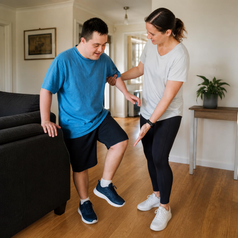 physiotherapist working with NDIS participant with balance exercise