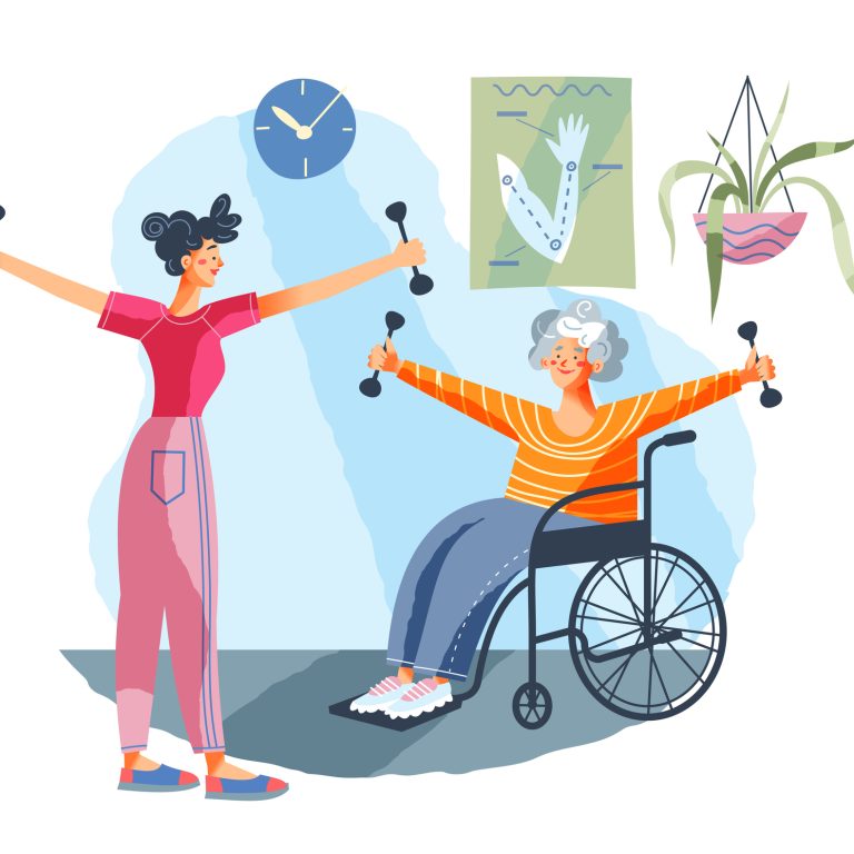 Senior woman in wheelchair doing exercises in medical rehabilitation and physical therapy centre. Lady in recovery in sport vector illustration. Young girl therapist helping in rehab.